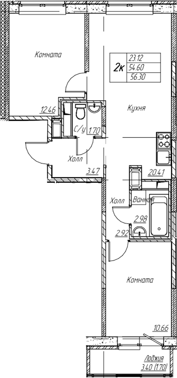 2-комнатная квартира 56.3 м², 18/22 эт., ЖК «Парк-квартал Юнтолово»